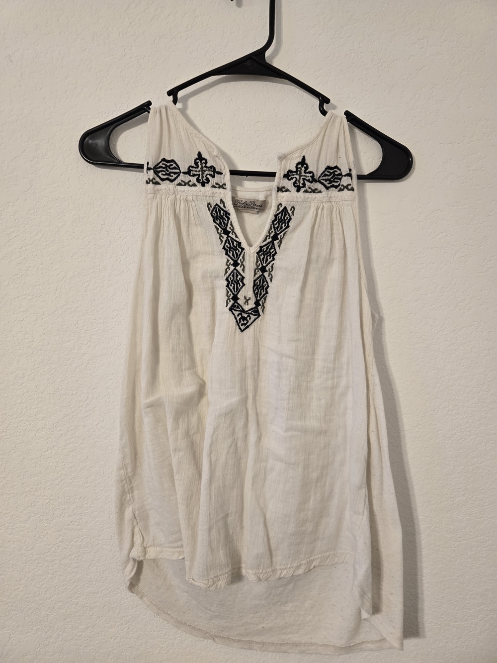 Lucky Brand Cream Tank Top with Black And Green Embroidery